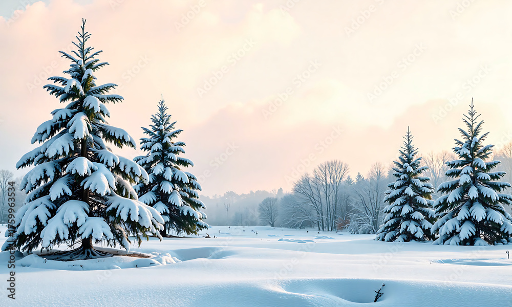 Fototapeta premium serene winter scene featuring christmas trees set flat soft light backdrop frosty morning