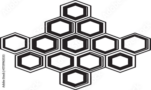 Abstract geometric pattern of interconnected hexagons forming a honeycomb structure isolated on white background.