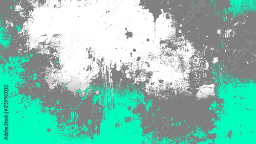 Grunge abstract background featuring distressed textures with gray, white, and teal paint splatters, rough scratches, and weathered patterns. Modern urban art design with high contrast and a vintage