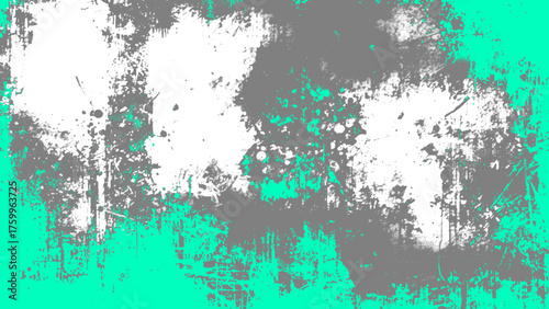 Grunge abstract background featuring distressed textures with gray, white, and teal paint splatters, rough scratches, and weathered patterns. Modern urban art design with high contrast and a vintage