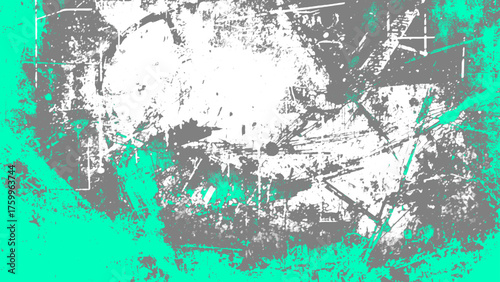 Grunge abstract background featuring distressed textures with gray, white, and teal paint splatters, rough scratches, and weathered patterns. Modern urban art design with high contrast and a vintage