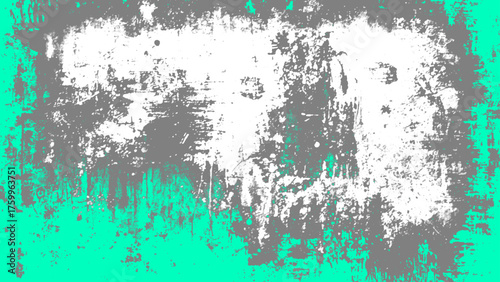 Grunge abstract background featuring distressed textures with gray, white, and teal paint splatters, rough scratches, and weathered patterns. Modern urban art design with high contrast and a vintage
