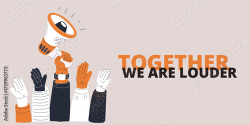 Cartoon vector illustration of a diverse group raising hands with a megaphone, symbolizing participation as expressing ideas together