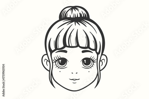 Monochrome line showcases an Asian female with a topknot and captivating expressive eyes