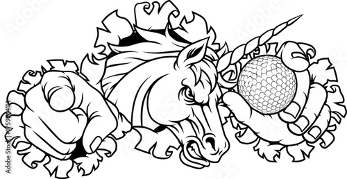 Unicorn horse stallion angry golf sports team mascot holding a ball.