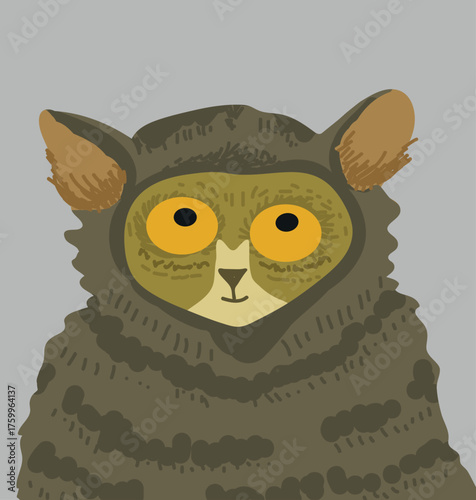 Avatar tarsier head, character cute, adorable, pet, zoo, hand drawn flat illustration.