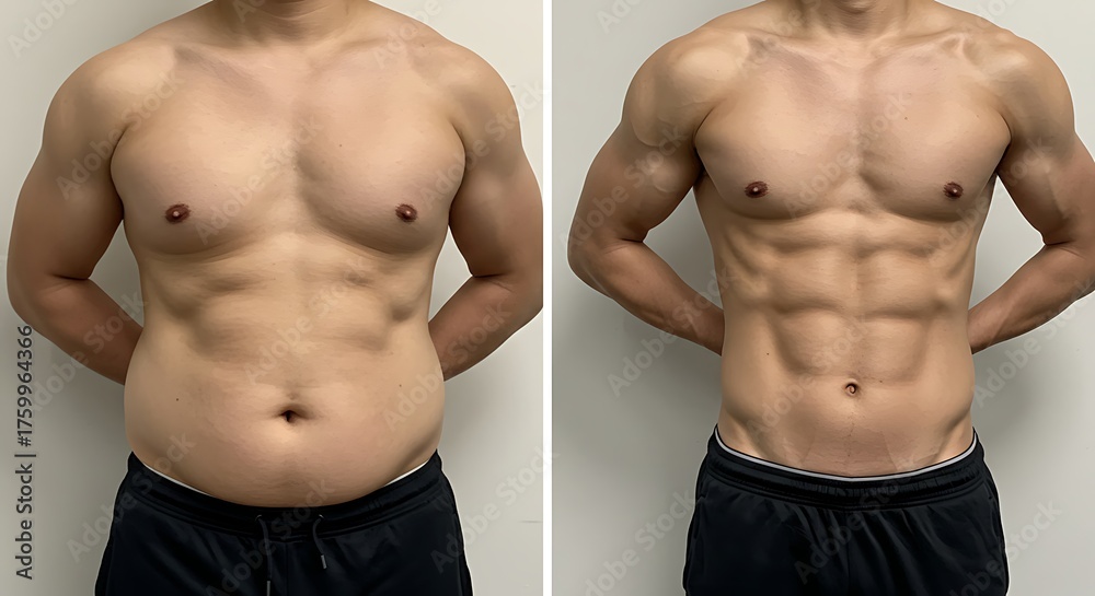 Fototapeta premium Transformation comparison before and after physique development