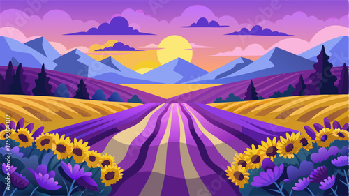 A lush valley with endless fields of lavender and sunflowers beckoning towards the horizon.