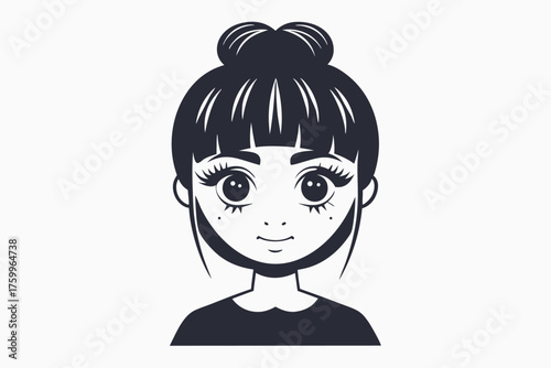 Monochrome cartoon portrait shows a pretty girl with a bun and bangs smiling nicely