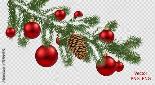 Christmas tree branch with red baubles and pine cone decoration