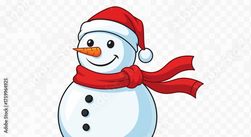 Cute snowman wearing a red hat and scarf isolated on white background