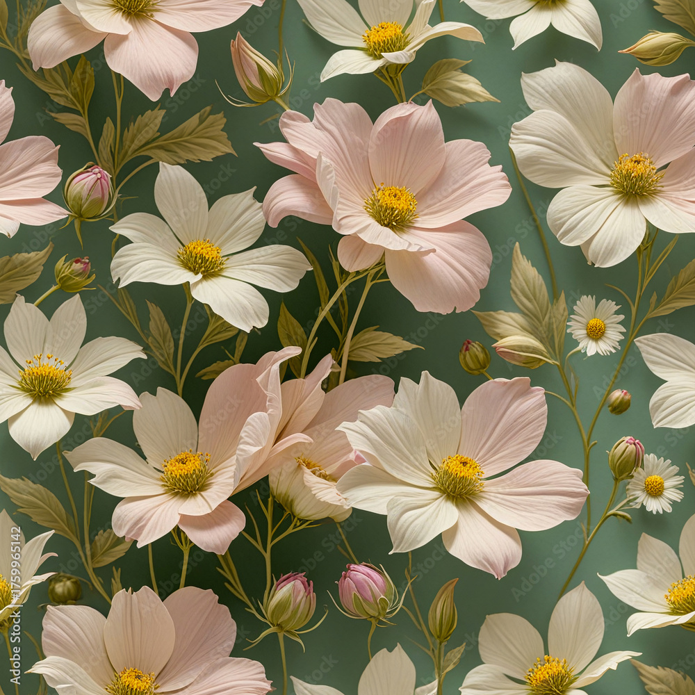 Obraz premium Watercolor seamless botanical pattern featuring blooming garden roses and lush foliage, soft sunlight effect, romantic elegant design for fabrics, wallpaper, wrapping paper and home decor