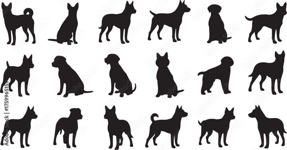 Obraz premium Collection of Fifteen Dog Silhouettes in Various Poses and Breeds on White Background Keywords: dog, silhouette, canine, animal, pet, breed, puppy, mammal, domestic, also transparent background