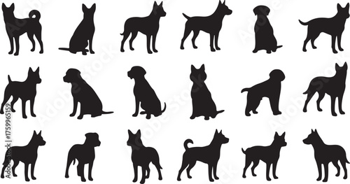 Collection of Fifteen Dog Silhouettes in Various Poses and Breeds on White Background Keywords: dog, silhouette, canine, animal, pet, breed, puppy, mammal, domestic, also transparent background
