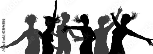 Silhouettes of women dancing in dynamic motion, suitable for scenes at a gig, party, festival, or celebration. Perfect for themes of music, energy, nightlife, performance culture and modern lifestyle