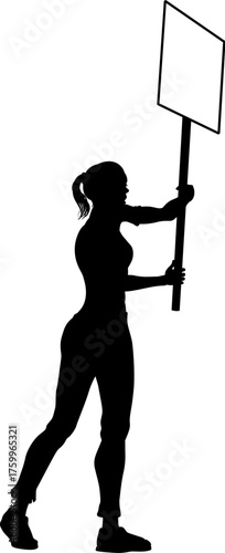 Protestor or demonstrator at a demonstration march, picket line or strike protest rally in silhouette. Holding up a banner or picket sign board placard.