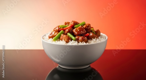Delicious looking Asian food: Bowl of savory orange chicken with white rice