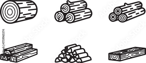 Six Black and White Illustrations of Stacked and Single Logs Keywords: logs, wood, timber, lumber, firewood, stack, pile, cut wood, tree trunk, forest, material, also transparent background