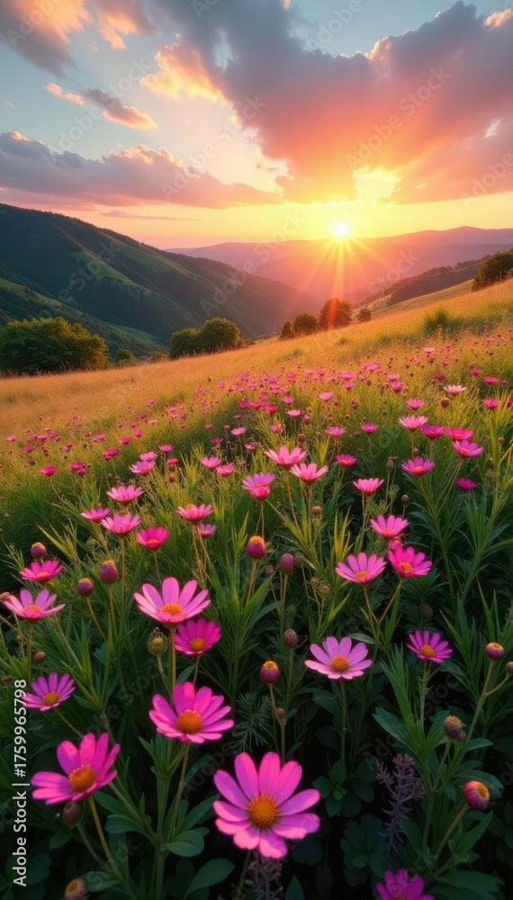 Fototapeta premium Pink wildflowers carpet a vibrant meadow as the sun sets over rolling hills , landscape, pastel