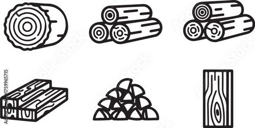 Collection of stylized wood and lumber icons in black and white line art timber logs also transparent background