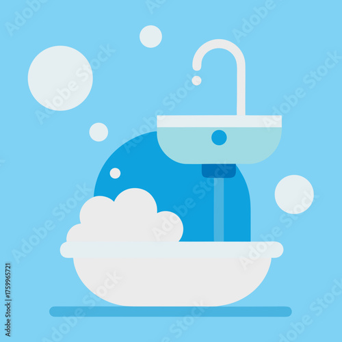 Vector illustration of sink with soapy bubbles and clean water drops isolated on white background