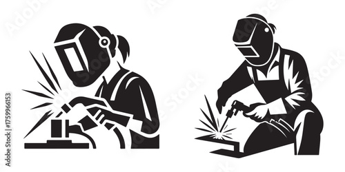 Modern Minimalist Woman Steel Welding Icon, Flat Silhouette of an Industrial Worker Vector for Engineering Illustration Design