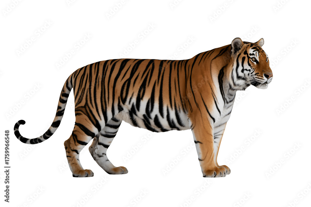 Fototapeta premium Majestic tiger in profile, showcasing its powerful stripes and intense gaze, perfect for wildlife projects and impactful visual storytelling