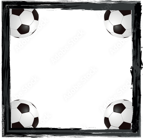Soccer ball frame template design. Soccer frame or border. Soccer balls on beautiful green grass frame.