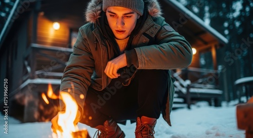 Young man warms by a crackling fire outside a cozy cabin in the snowy winter woods, inviting warmth and a sense of adventure, perfect for lifestyle visuals