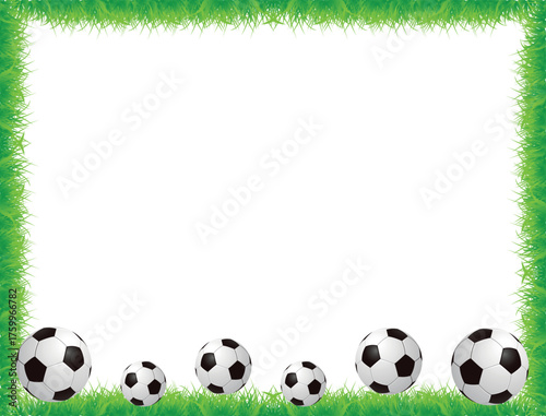 Soccer ball frame template design. Soccer frame or border. Soccer balls on beautiful green grass frame.	