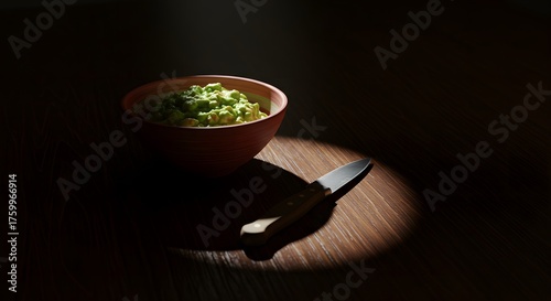 Fototapeta Naklejka Na Ścianę i Meble -  A bowl of guacamole sits on a dark wood table, illuminated by a spotlight that creates dramatic shadows and depth.