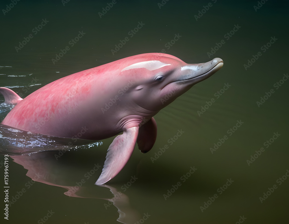 Fototapeta premium A stunning shot showcases a pink Amazon river dolphin gracefully emerging from the water., close up of a pink dolphin in swimming pool