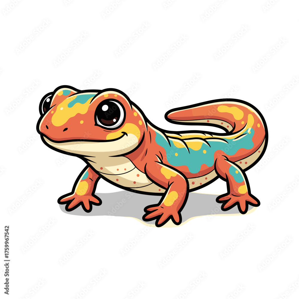 Obraz premium Cute cartoon salamander smiling with bright colors, on white background, copy space