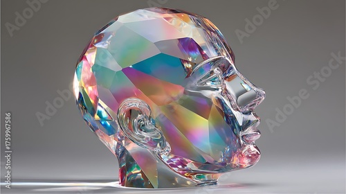 ultra-realistic fine art of human head made from polished quartz crystal reflecting rainbow light, concept of mental purity and focus, high-detail reflections, 