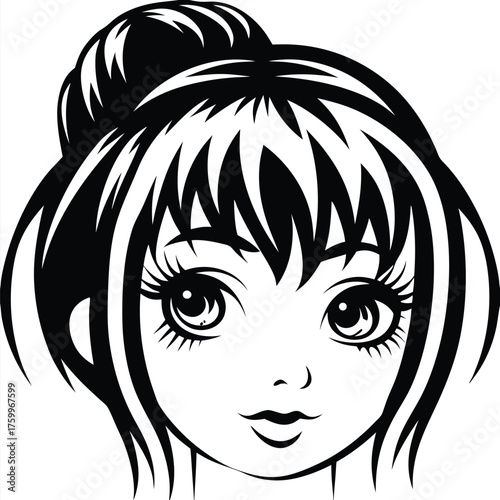 Monochromatic woman presents striking eyes and stylishly doneup hair in this captivating artwork