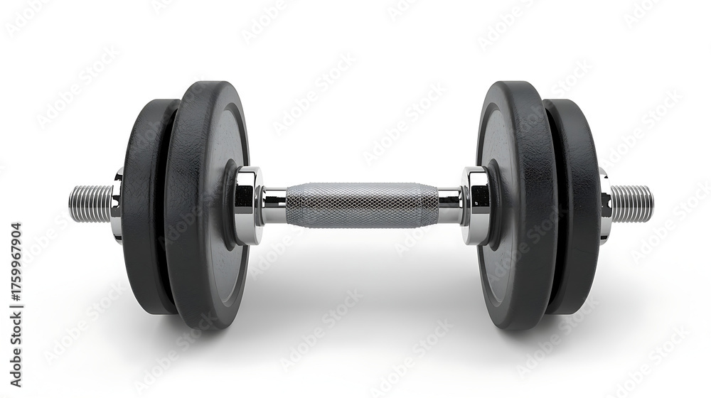 Fototapeta premium A 3D rendering of a black metal dumbbell with chrome accents, featuring circular weight plates, silver spin-lock collars, and a metallic handle, with smooth, reflective surfaces and subtle texture.