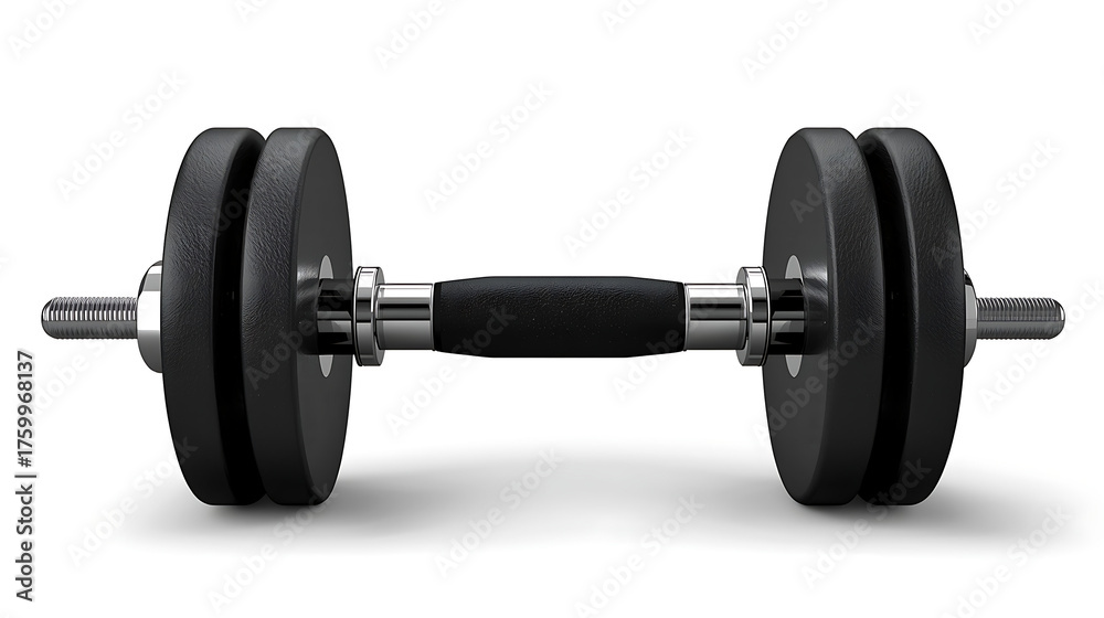 Naklejka premium A 3D rendering of a black metal dumbbell with chrome accents, featuring circular weight plates, silver spin-lock collars, and a metallic handle, with smooth, reflective surfaces and subtle texture.