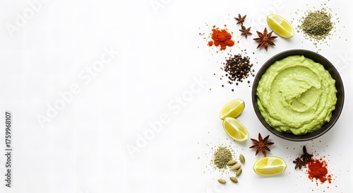 Fototapeta Naklejka Na Ścianę i Meble -  Minimalist composition featuring a bowl of guacamole and spices on a white background, creating harmony and visual contrast.