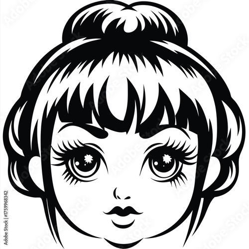 Stylized visage showcases an attractive young woman with wide eyes and voluminous lashes in black outline