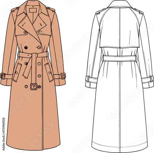 Trench coat technical fashion flat sketch, front and back view, garment design template, clothing pattern, outerwear style, cad drawing flat vector illustration