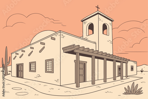 Minimal vector of Santa Fe adobe architecture and sunset tone
