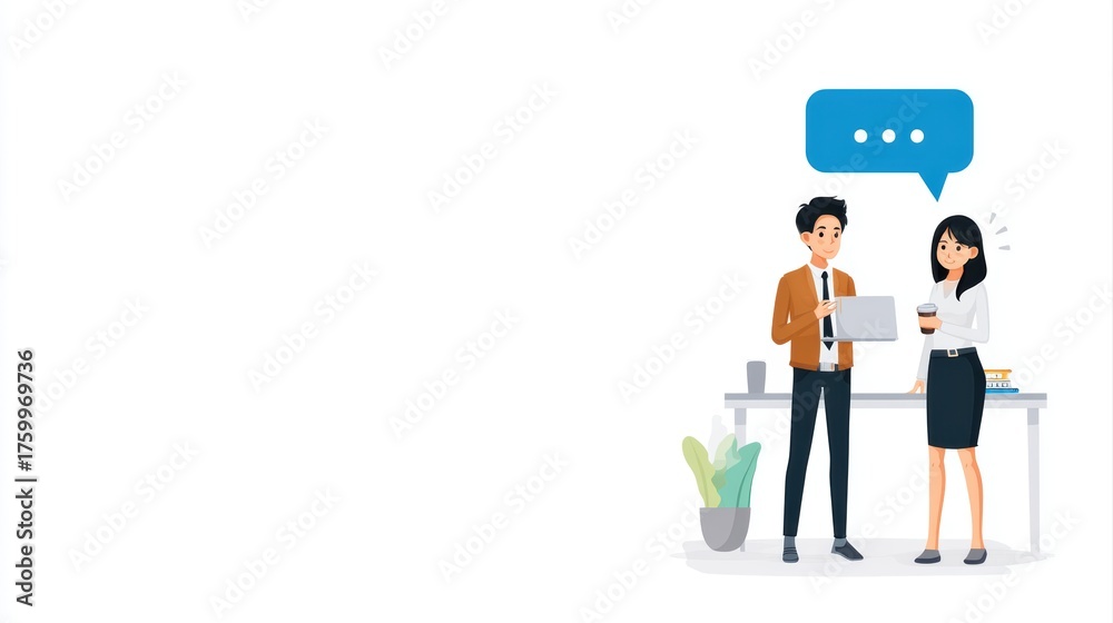 Obraz premium A professional illustration of two colleagues engaging in conversation, one holding a tablet and the other a coffee cup, with a speech bubble overhead, colleagues helping in teamwork