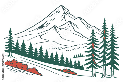 Flat design of Mount Washington snow peak and forest
