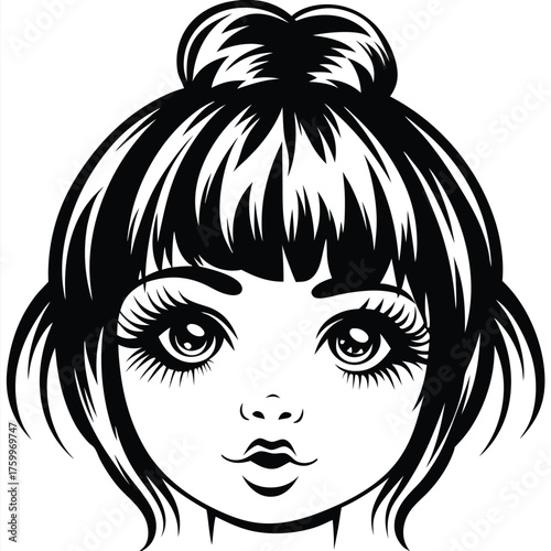 Stylized portrait shows a girl with a bun and big eyes looks directly forward