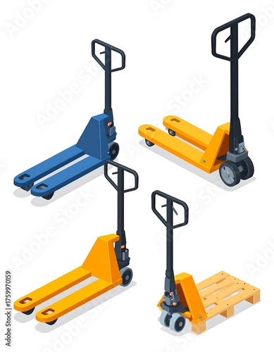 Four colorful pallet jacks in an isometric perspective