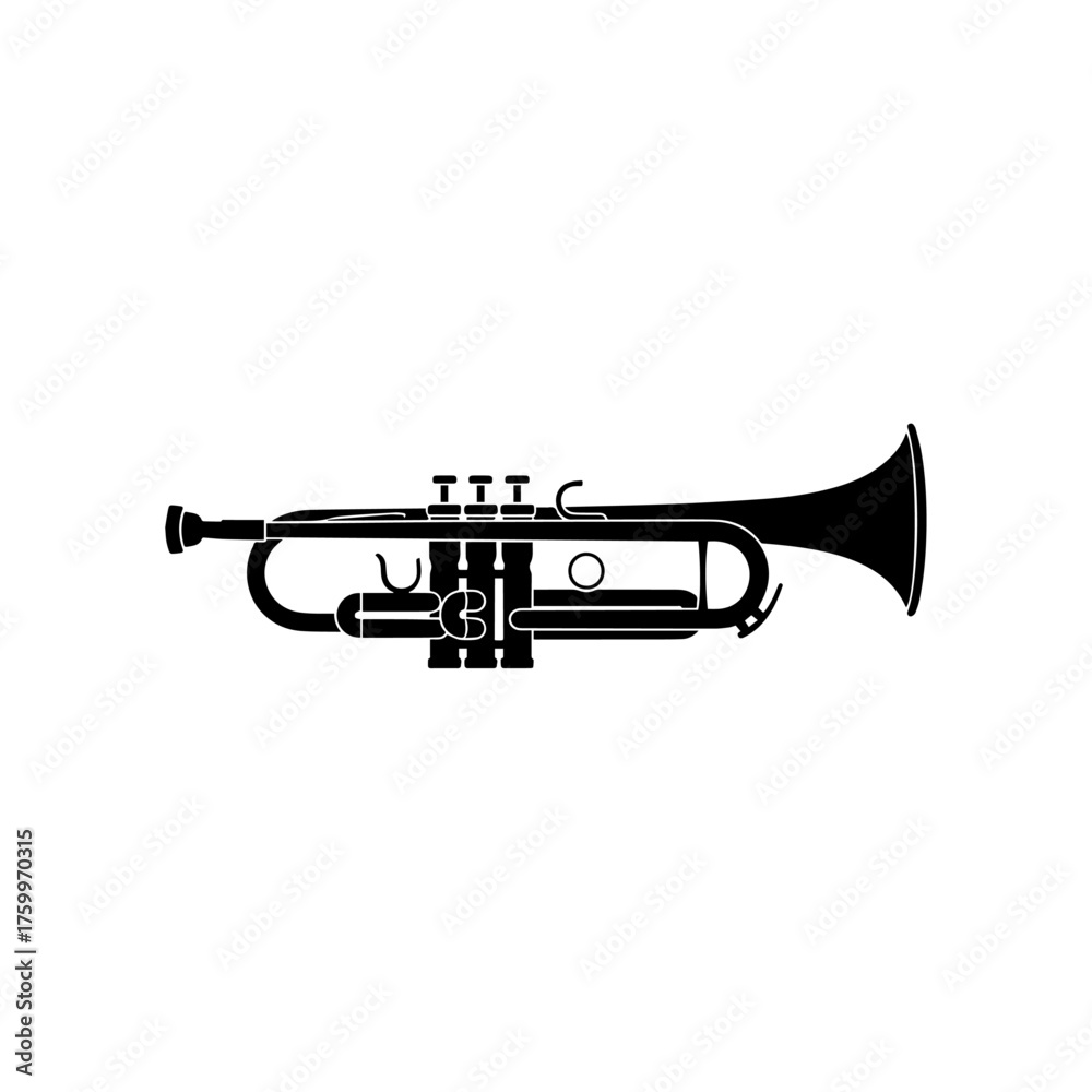 Naklejka premium Classic black trumpet silhouette, detailed brass wind instrument, side profile, musical icon.