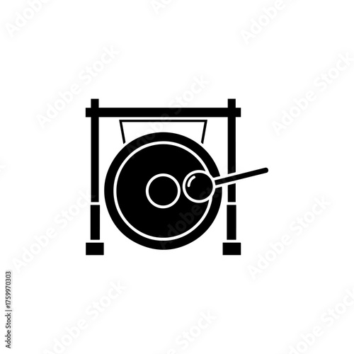 Black silhouette of a traditional gong with mallet on a stand.