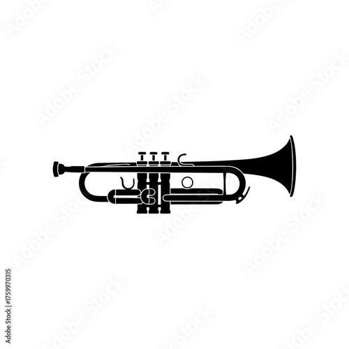 Classic black trumpet silhouette, detailed brass wind instrument, side profile, musical icon.