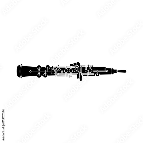 Detailed black silhouette of a classical oboe, a sophisticated woodwind instrument with complex keywork.
