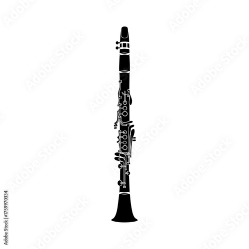 Elegant black clarinet woodwind instrument with intricate silver keys and flared bell.